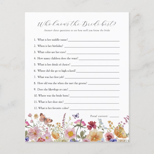 Wildflower Who Knows the Bride Best Bridal Game (Front)