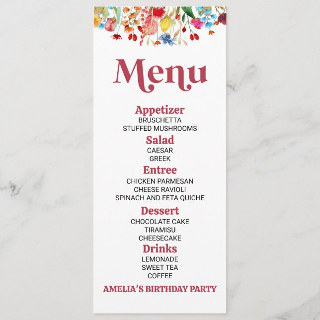 Wildflower Wild Flower Birthday Party Food Menu (Front)