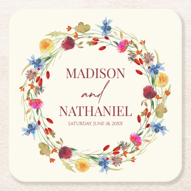 Wildflower Wild Flower Floral Garden Wedding Square Paper Coaster (Front)