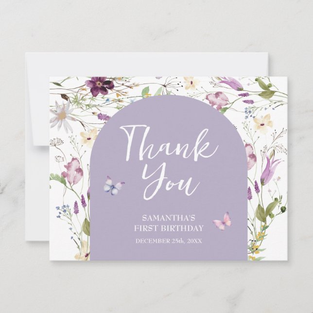 Wildflower Wild ONE Butterfly Garden Party Thank You Card (Front)