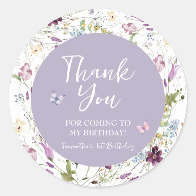 Wildflower Wild ONE Butterfly Garden Thank You Classic Round Sticker (Front)