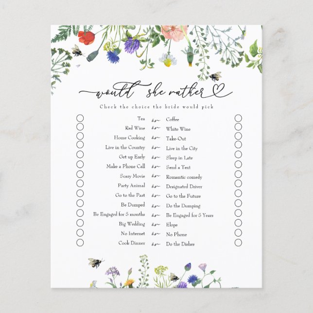 Wildflower Would She Rather | Bridal Shower Game (Front)