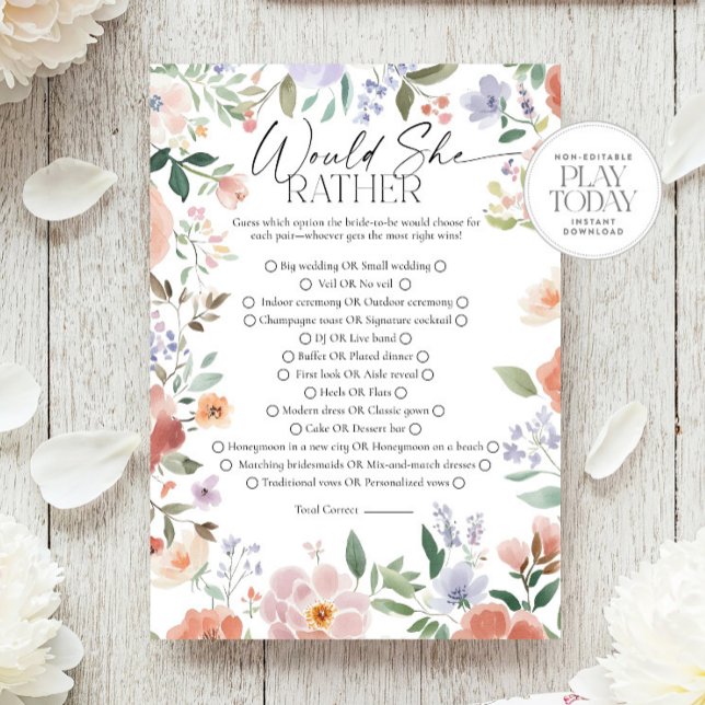 Wildflower Would She Rather Bridal Shower Game Invitation (Creator Uploaded)