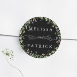 Wildflower Wreath Elegant Wedding Black Classic Round Sticker<br><div class="desc">This elegant wedding sticker features a floral wreath with hand-painted watercolor wildflowers in pink,  yellow,  and green. For more advanced customization of this design,  please click the BLUE DESIGN TOOL BUTTON above!</div>