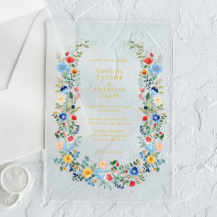 Wildflower Wreath Gold Script Garden Wedding Acrylic Invitations