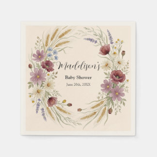 Wildflower Wreath Golden Wheat Circle Baby Shower Napkin