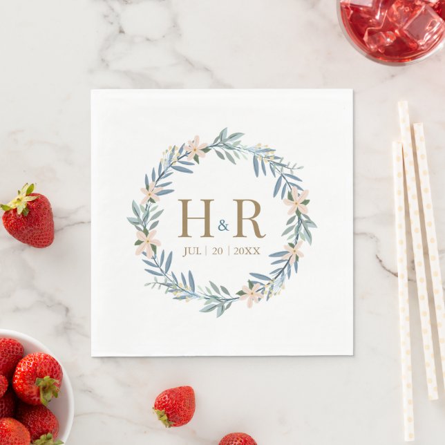 Wildflower Wreath Monogram Wedding Date Napkins (Insitu)
