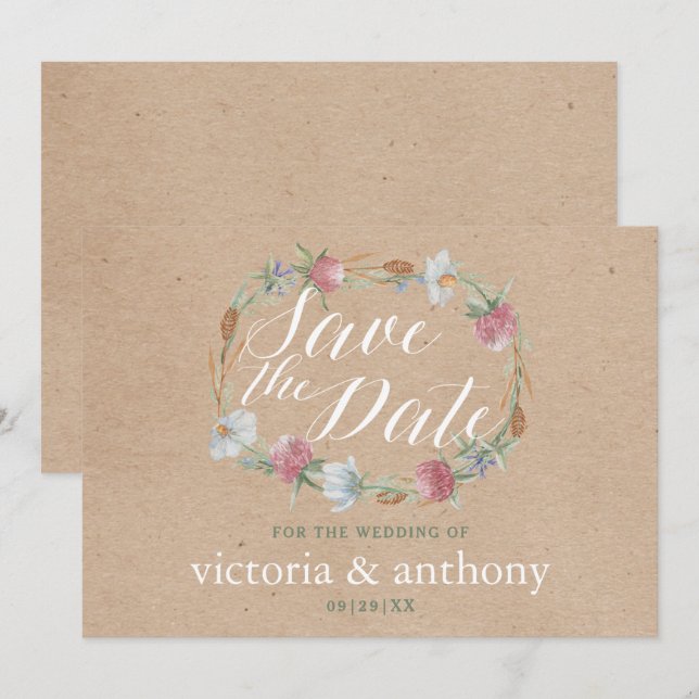 Wildflower Wreath On Kraft Country Save The Date (Front/Back)