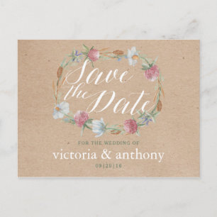 Wildflower Wreath On Kraft Country Save The Date Announcement Postcard