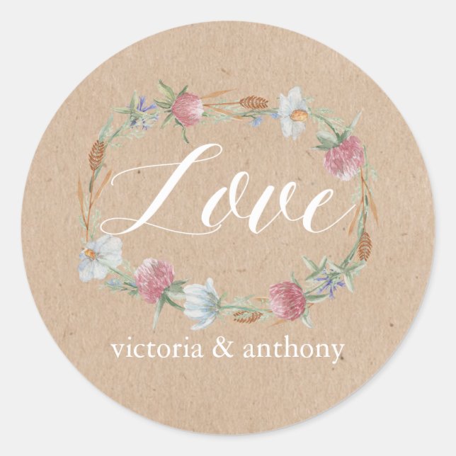 Wildflower Wreath On Kraft Country Wedding Classic Round Sticker (Front)