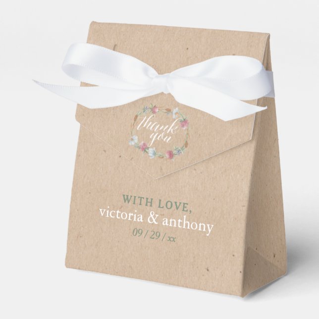 Wildflower Wreath On Kraft Country Wedding Favor Box (Front Side)