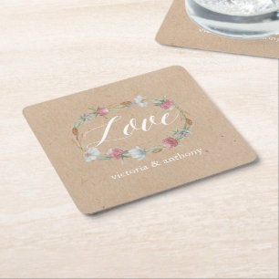 Wildflower Wreath On Kraft Country Wedding Square Paper Coaster