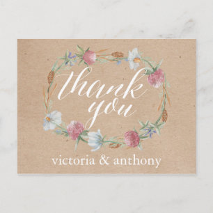 Wildflower Wreath On Kraft Country Wedding Thanks Postcard