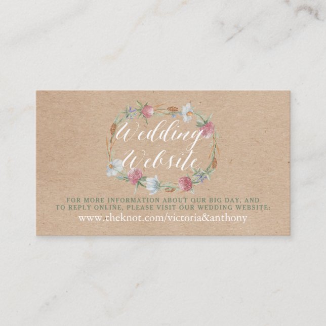 Wildflower Wreath On Kraft Country Wedding Website Enclosure Card (Front)