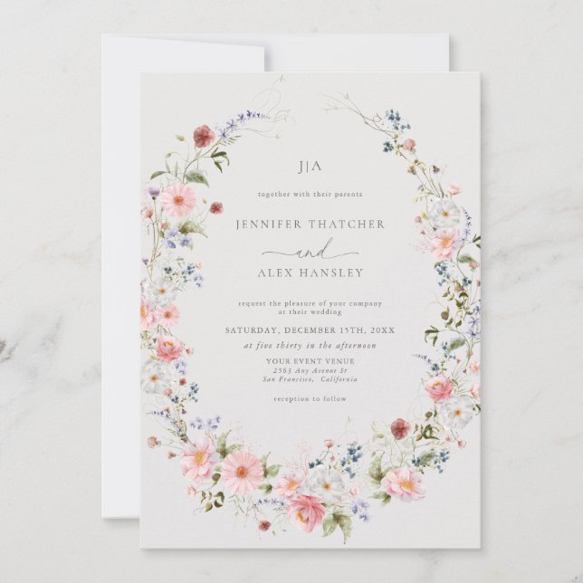  Wildflower Wreath | Qr Code Rsvp Wedding Invitation (Front)