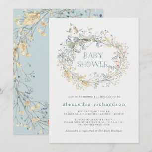 Wildflower Wreath with Butterfly   Baby Shower Invitation