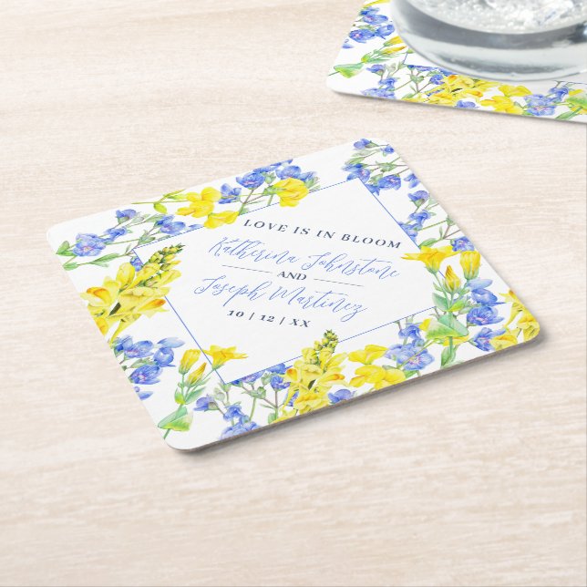 Wildflower yellow blue watercolor botanic wedding paper coaster (Angled)