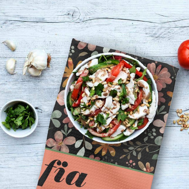 Wildflower yellow boho pattern custom name black kitchen towel (Creator Uploaded)