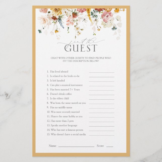 Wildflower Yellow Elegant Bridal Shower Game (Front)