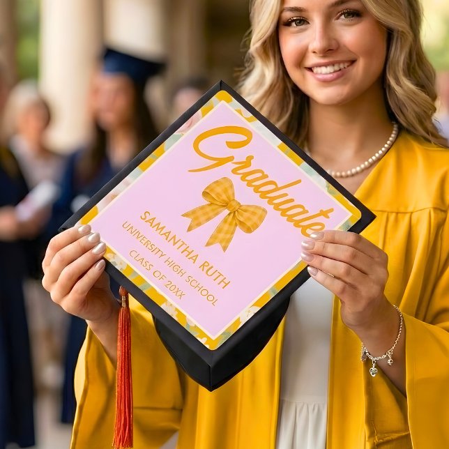 Wildflower Yellow Gingham Bow Graduation Cap Topper (Creator Uploaded)