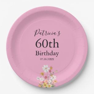 Wildflowers 60th Birthday Pink Party Paper Plate