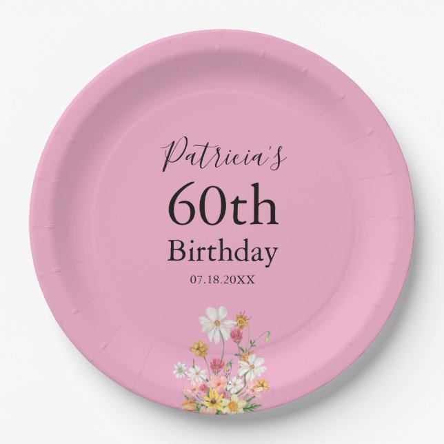 Wildflowers 60th Birthday Pink Party Paper Plate (Front)