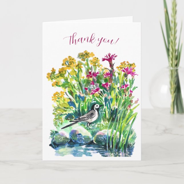 Wildflowers and a pied wagtail thank you card (Front)
