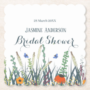 Wildflowers and butterflies bridal shower paper coaster