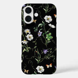 Wildflowers and Butterflies On Black iPhone 16 Case