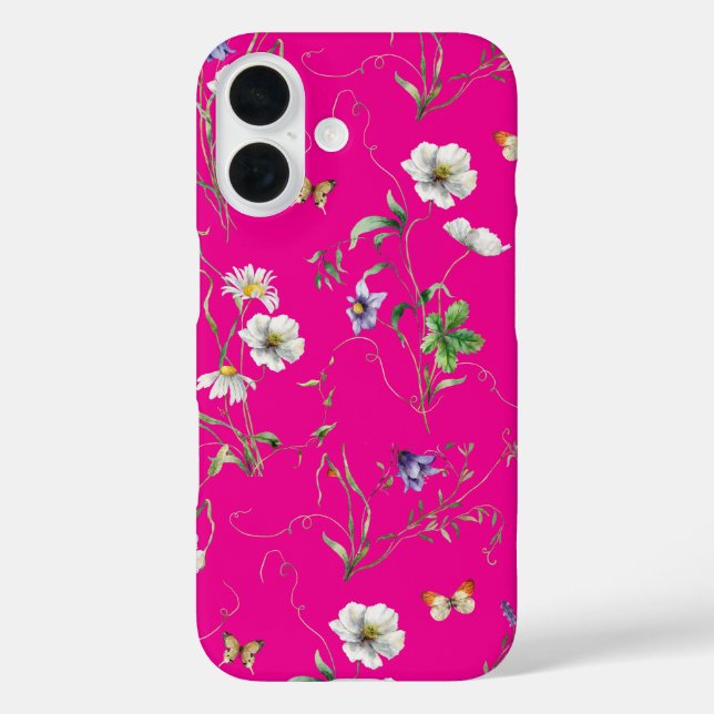 Wildflowers and Butterflies On Neon Pink Case-Mate iPhone Case (Back)