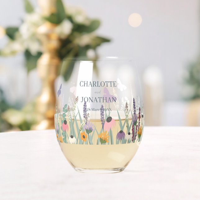 Wildflowers and Butterflies Wedding  Stemless Wine Glass (Insitu (Wedding))