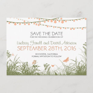 wildflowers and hanging lights save the date cards