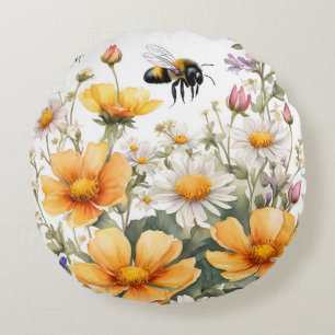 Wildflowers and Honey Bees Watercolor Round Pillow