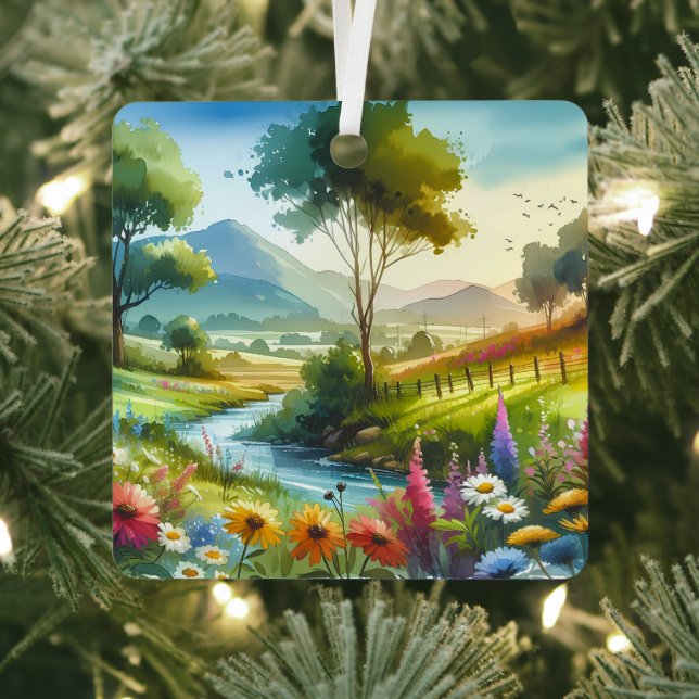 Wildflowers and Stream in Spring Valley Metal Ornament (Insitu)