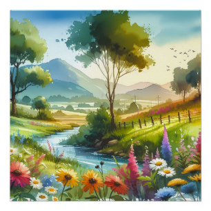 Wildflowers and Stream in Spring Valley Poster