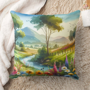 Wildflowers and Stream in Spring Valley Throw Pillow