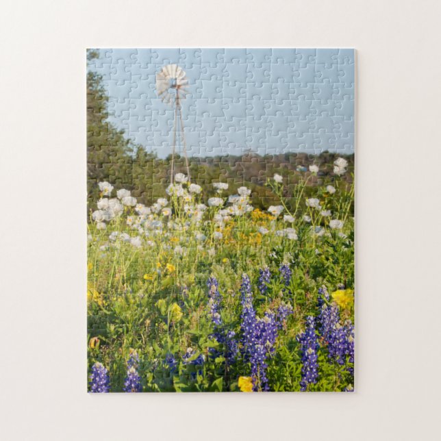 Wildflowers And Windmill In Texas Hill Country Jigsaw Puzzle (Vertical)