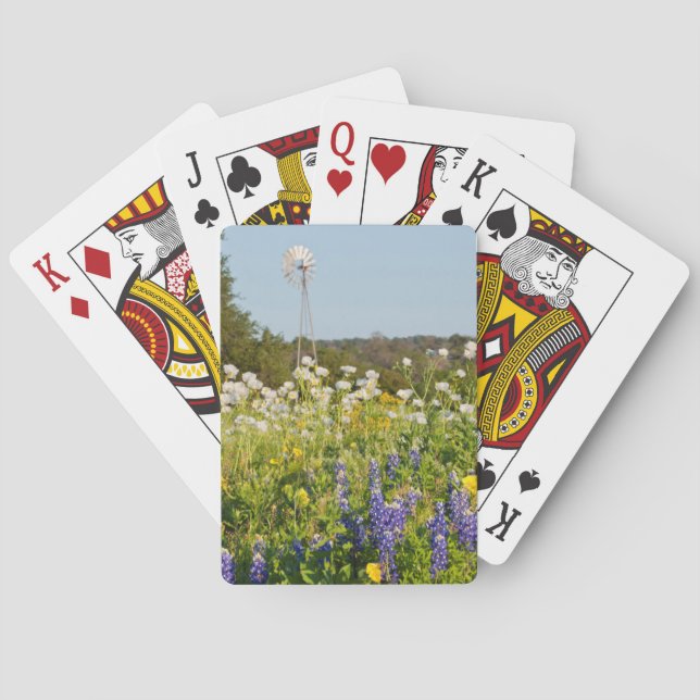 Wildflowers And Windmill In Texas Hill Country Playing Cards (Back)