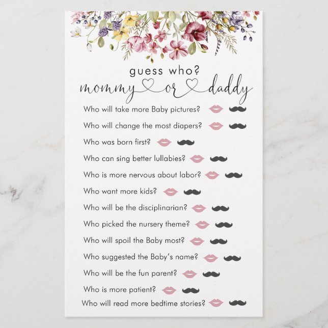 Wildflowers Baby In Bloom  "Guess Who" Game (Front)