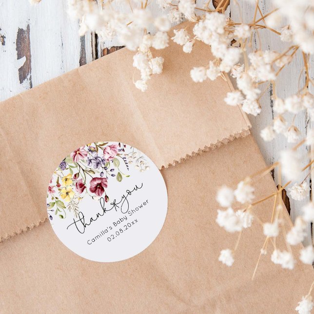 Wildflowers Baby Shower Classic Round Sticker (Creator Uploaded)