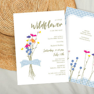 Wildflowers Baby Shower   Dusty Blue Gingham Bow Invitation