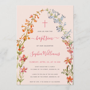 Wildflowers Baptism Pink Floral Watercolor Girl Invitation