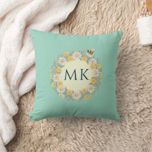 Wildflowers Bee Monogram Teal Throw Pillow