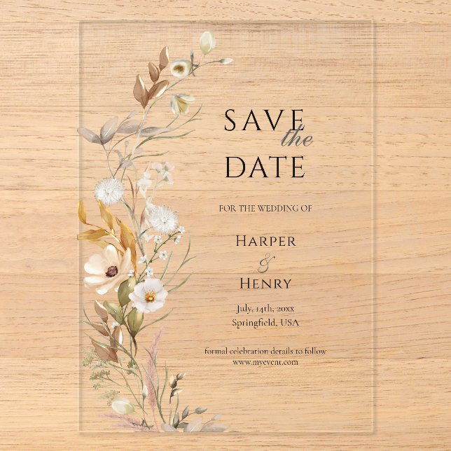 Wildflowers Beige Boho Botanical Save the Date Acrylic Invitations (Front)
