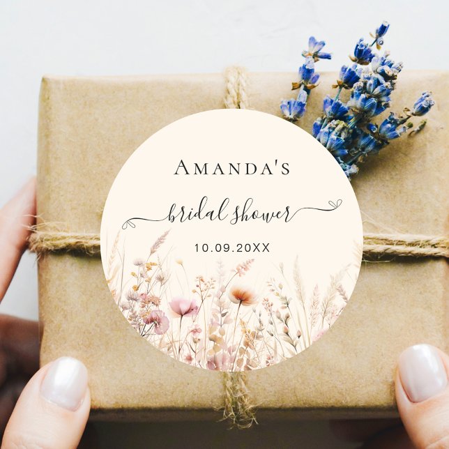 Wildflowers beige fall love pink bridal shower classic round sticker (Creator Uploaded)