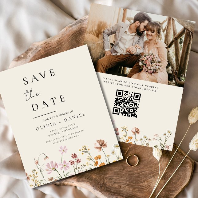 Wildflowers Beige Photo QR Code Save the Date Flyer (Creator Uploaded)