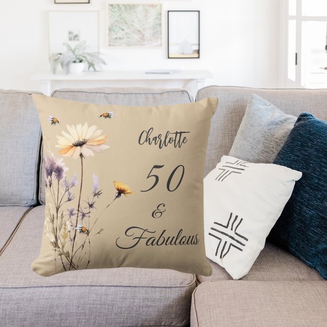 Wildflowers beige purple 50 fabulous birthday throw pillow (Creator Uploaded)