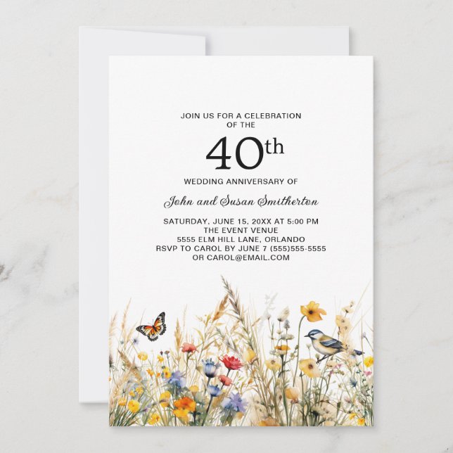 Wildflowers Birds Butterflies 40th Anniversary Invitation (Front)