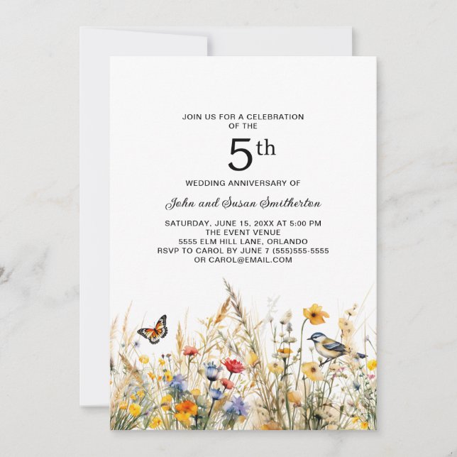 Wildflowers Birds Butterflies 5th Anniversary Invitation (Front)