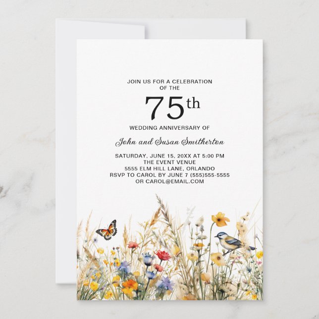 Wildflowers Birds Butterflies 75th Anniversary Invitation (Front)